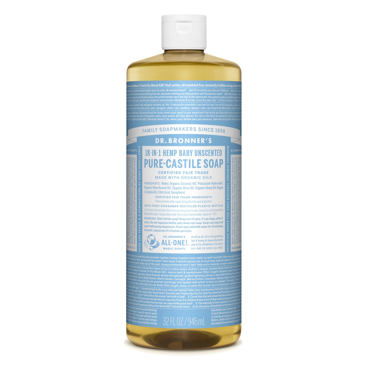 Dr. Bronner's - Pure-Castile Liquid Soap (Baby Unscented, 32 ounce, 2-Pack) - Made with Organic Oils, 18-in-1 Uses: Face, Hair, Laundry and Dishes, For Sensitive Skin and Babies, No Added Fragrance